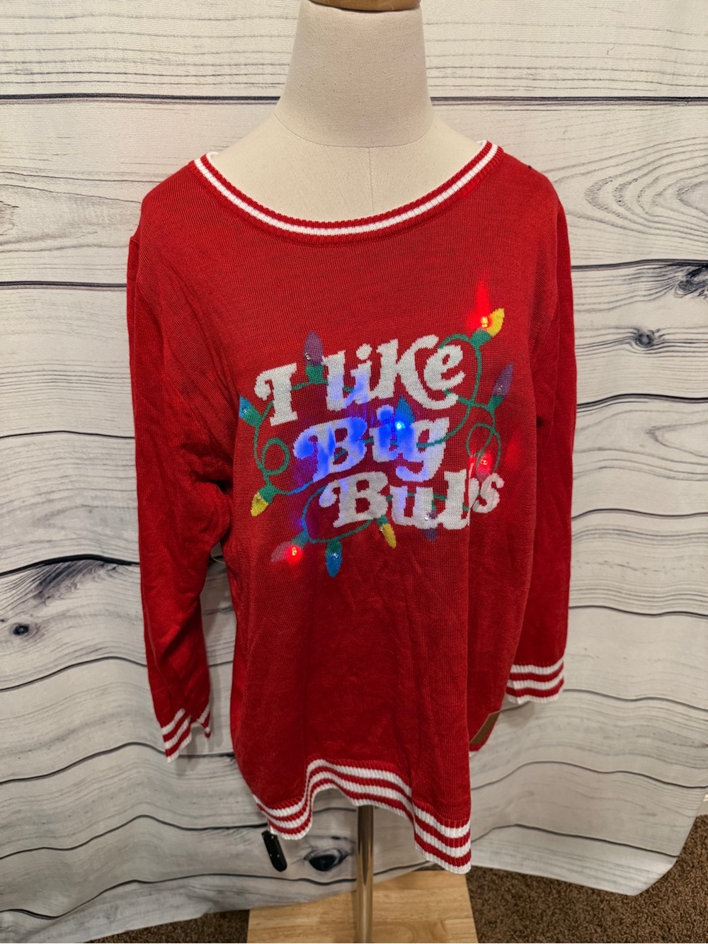 Red Christmas holiday light up sweater “I like big balls”